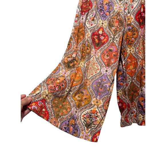 Farm Rio Toscana Pleated Wide Leg Pants Womens Small Orange Linen High Rise Boho - Picture 12 of 16